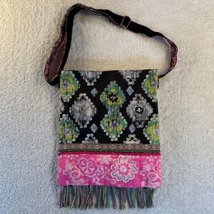 Y2K Mudd Boho Floral Print Shoulder Bag Crossbody Teal Lining Snap Close Fringe